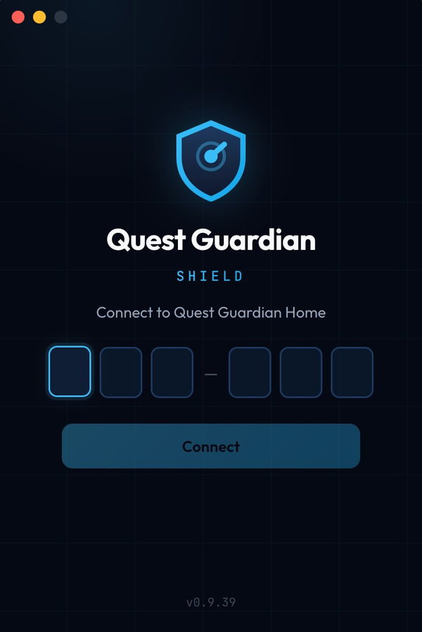 Quest Guardian Shield pairing screen — enter a 6-digit code to connect